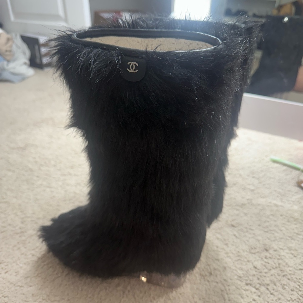 CHANEL Black Faux Fur Boots